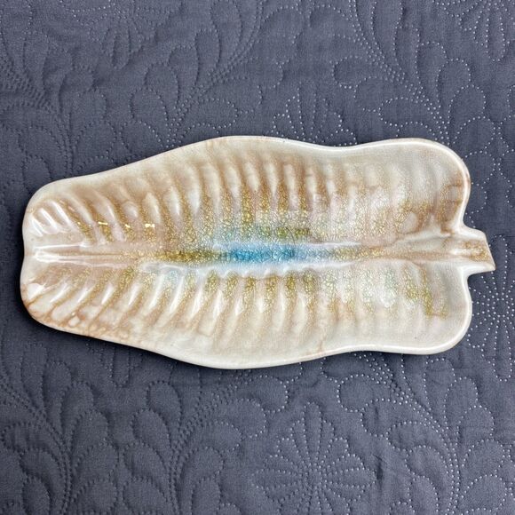 Vintage Geode Leaf Pottery Glazed Green, Blue & Brown Trinket Dish/Tray 9” x 1” - Picture 1 of 4